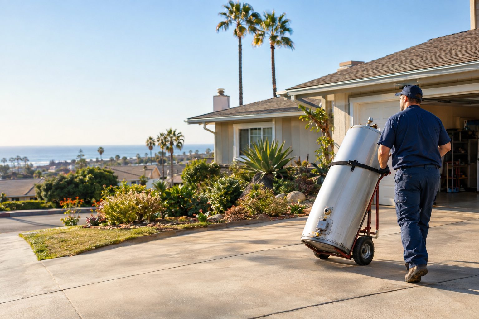 A plumber carrying a new water heater on a dolly up the driveway at a 1980s Oceanside tract home in Oceanside, CA