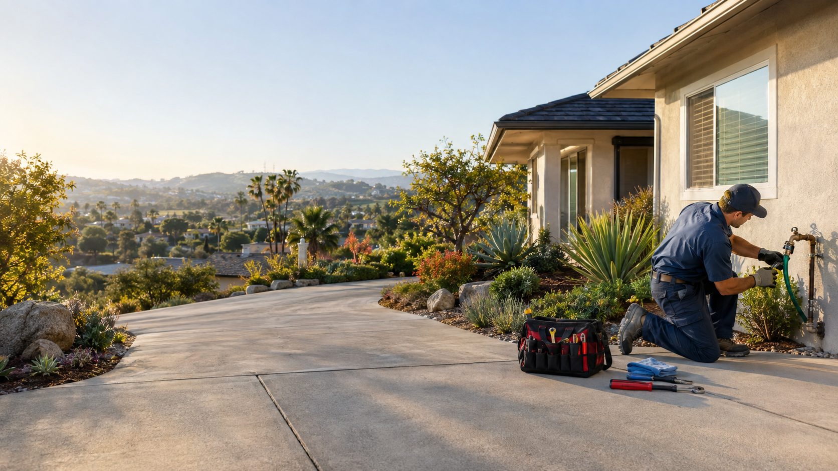 A plumbing technician checks an exterior hose connection beside a Vista ranch home, with tools arranged neatly on the driveway in Vista, CA